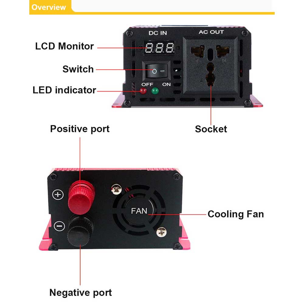 EASUN Pure Sine Wave Car Power Inverter DC 12V to AC 220V 1000W - EAS1000 - Red