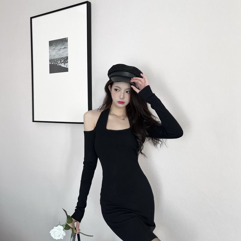 dress korean style sexy halter neck off-shoulder dress pure desire backless lengan panjang one-word