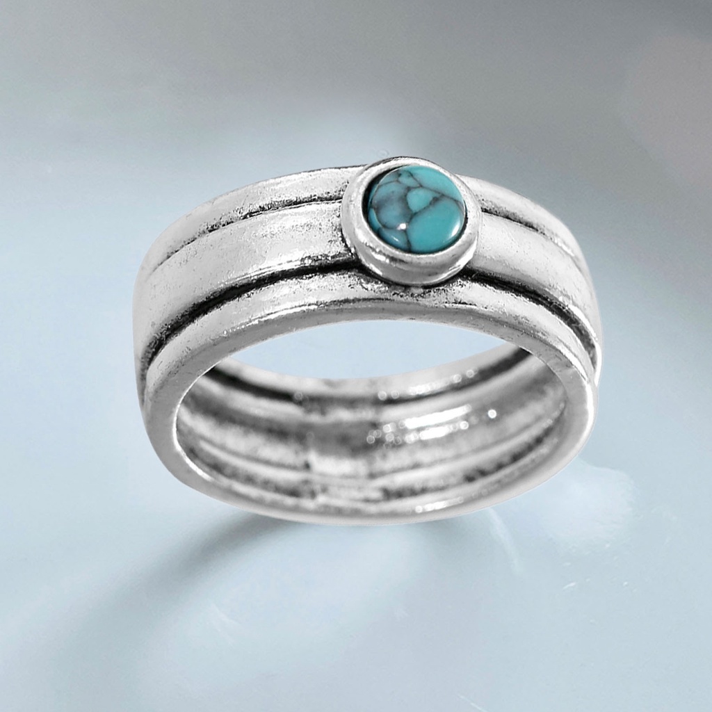 Hu Hu Hu Hu Hu Alat Bantu Pasang Kacamata♡ Cincin Tiga Lapis Gaya Etnik Vintage Dengan Turquoise Untuk Wanita