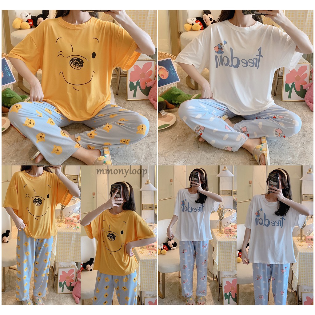 Piyama Oversize Bahan Kaos Lengan Pendek Baju Tidur Wanita pakaian tidur wanita kaos set baju tidur wanita piyama-3