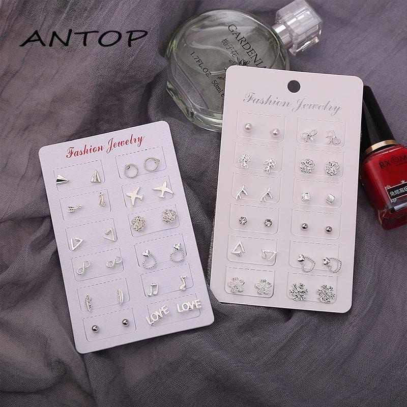 12 Pasang / Set Anting Tusuk / Stud Model Campur Bahan Silver Untuk Wanita