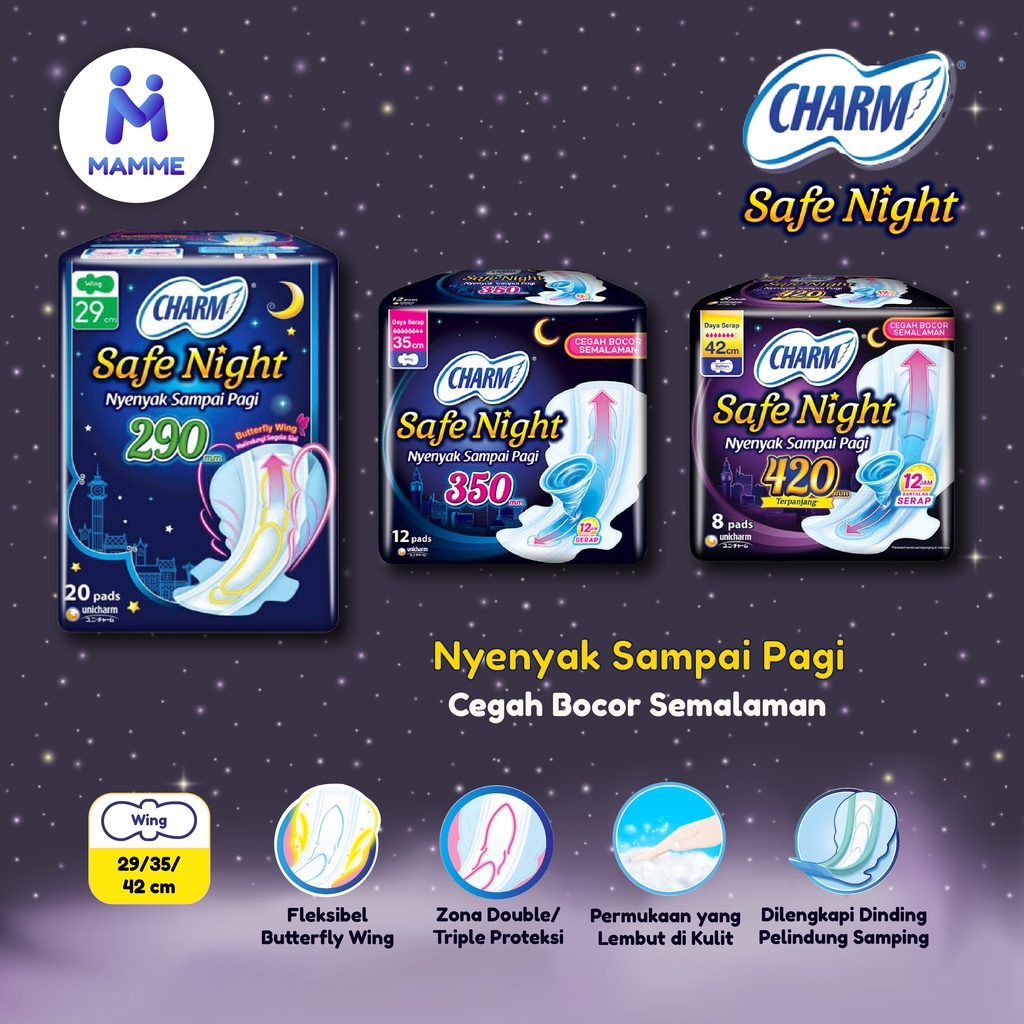 Charm Safe Night Wing 29cm 35cm 42cm Charm Pembalut Wanita Malam Panjang