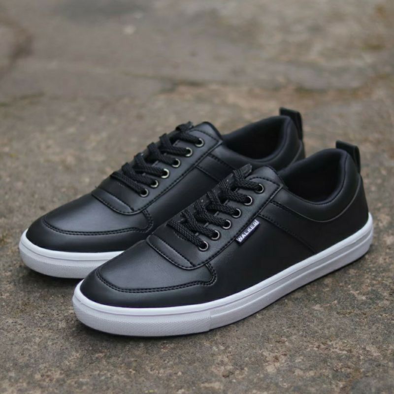 THIAGO BLACK Sepatu Pria Casual Sneakers Cowok Hitam Kulit Sintetis Kets Santai Kerja Semi Formal Original