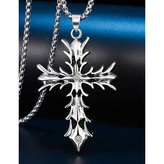 LRC Kalung Fashion Silver Metal Flame Cross Long Necklace A57451