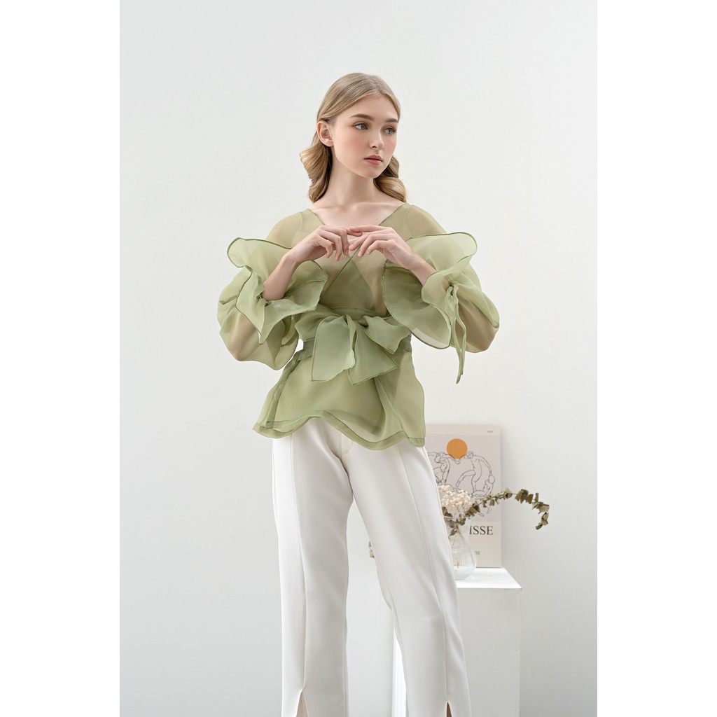 Aura Label - Rosie Bow Organza Top Sage Green - MOST WANTED blouse wanita organza sage green pita puff