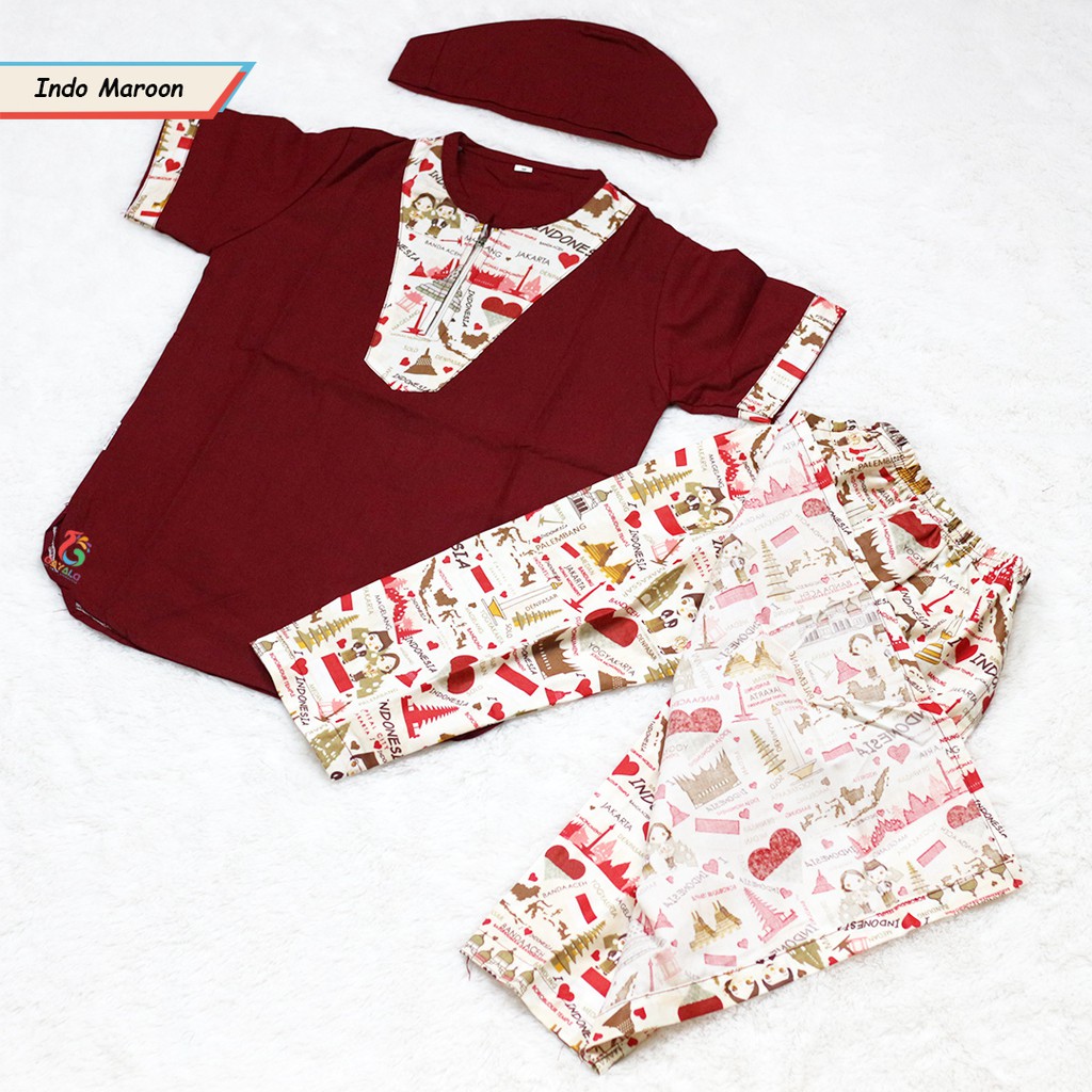 SARKOCI TURKI ANAK MOTIF INDONESIA MAROON/BAJU MUSLIM ANAK/GROSIRBAJU KOKO MODERN