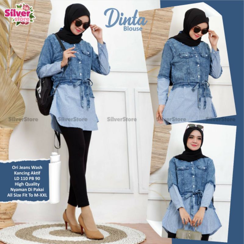 Baju Atasan Wanita Tunik Jeans Snow Aplikasi Katun Salur Moldy Top Elmiera