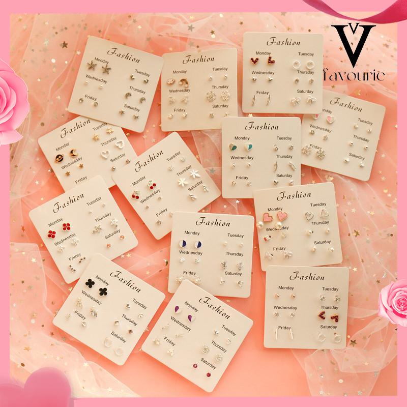 [COD]1 Set Satu minggu anting-anting set 925 anting mutiara fashion sederhana anting perhiasan kecil-FA