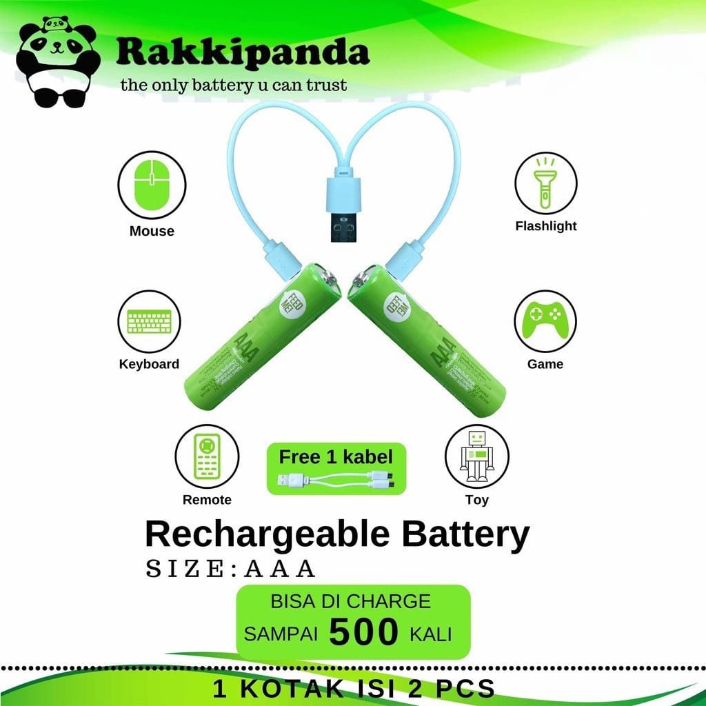 RAKKIPANDA Baterai Cas isi Ulang AAA Micro Usb