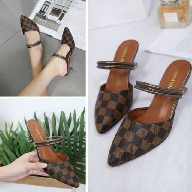 Sepatu Sandal High Heels Wanita LV Kotak F06 Coklat