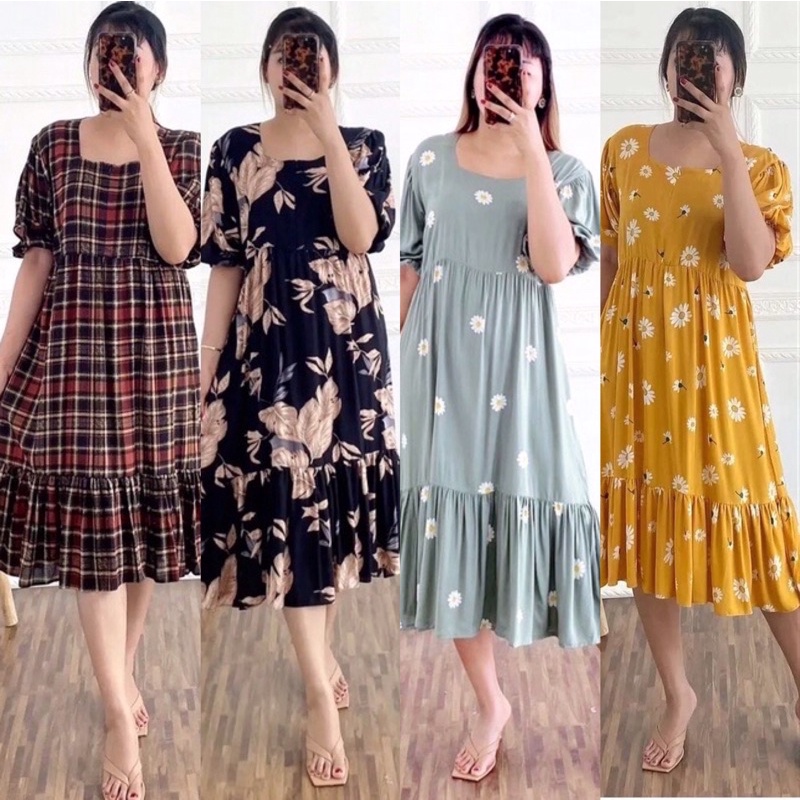 Homedress Sashi Midi Dress Ruffle | Daster Jumbo Batik Busui Friendly | Homedress Rayon | Daster Fla