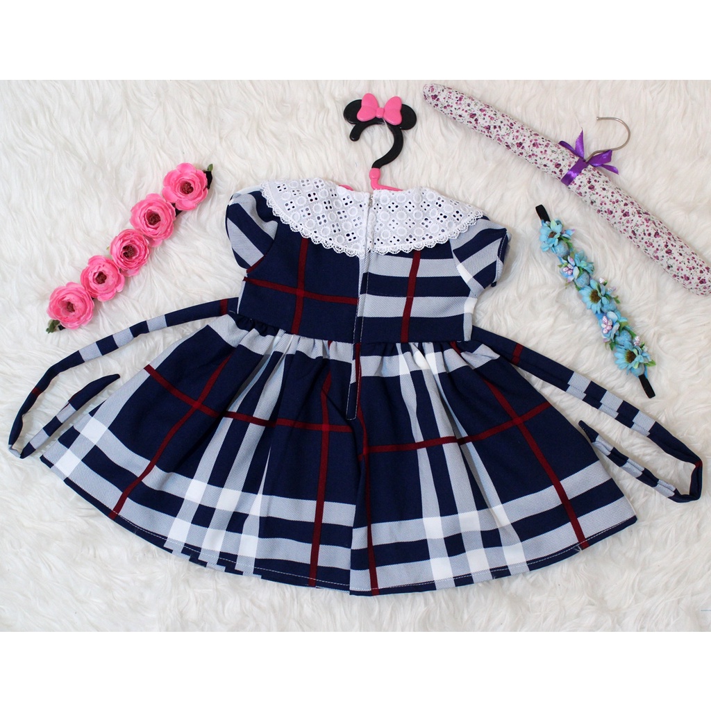 Dress Kids Berri/Gaun Bayi Motif Kotak Impor / Dress Baby Renda Berri Kids 9-12 Bulan/ Baju Jalan