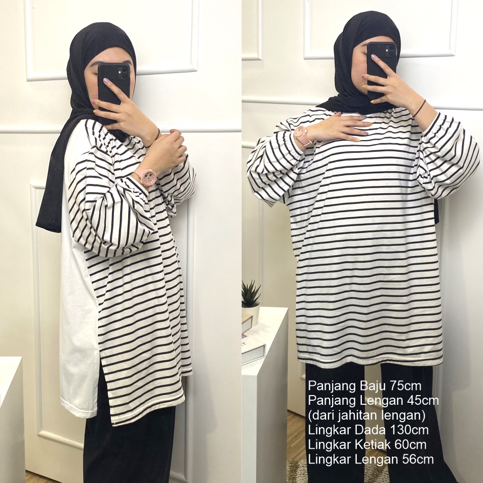 Atasan Wanita Blouse Oversize Alice Stripes Femonritch hijab dan wudhu friendly