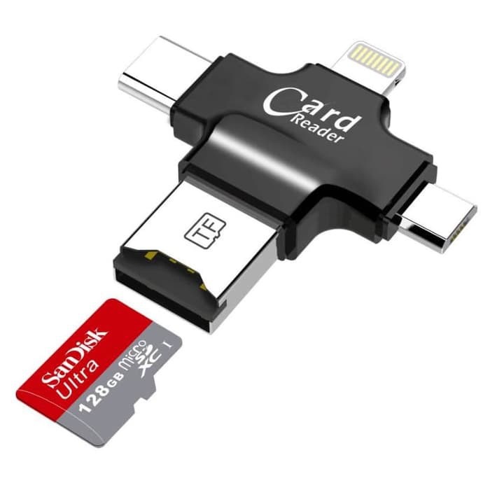 OTG Card Reader 4 in 1 Lightning + Micro USB + USB Type C - Black