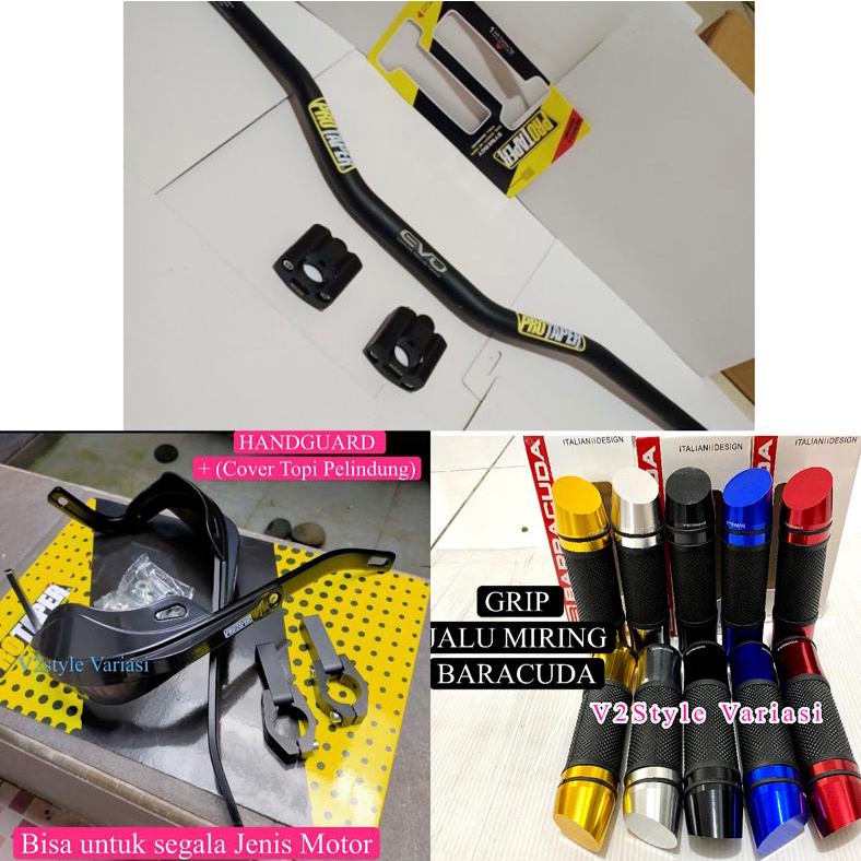 PAKET 4IN1 RACING GRIP STANG FATBAR LOW RAISER HANDGUARD COVER PROTAPER GRIP HANDFAT BARACUDA JALU MIRING LEXI XMAX KLX CRF SUPERMOTO XRIDE CB CB150R TIUGER VIXION WR155 Cross KLX CRF Trail PELINDUNG STANG HANDGUARD tulang protaper handguat tulang plus co