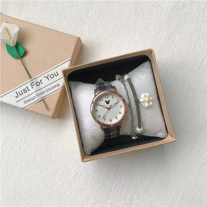 Jam Tangan Analog Wanita Strap Pu Kotak-Kotak Motif Mickey Gaya Korea Fashion Import-41-3 Hitam