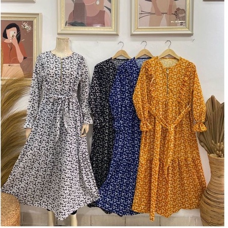 Gamis busui rempel 2 susun ruffle dada motif bunga lengan smoked bahan voxy merk latin (P11527)