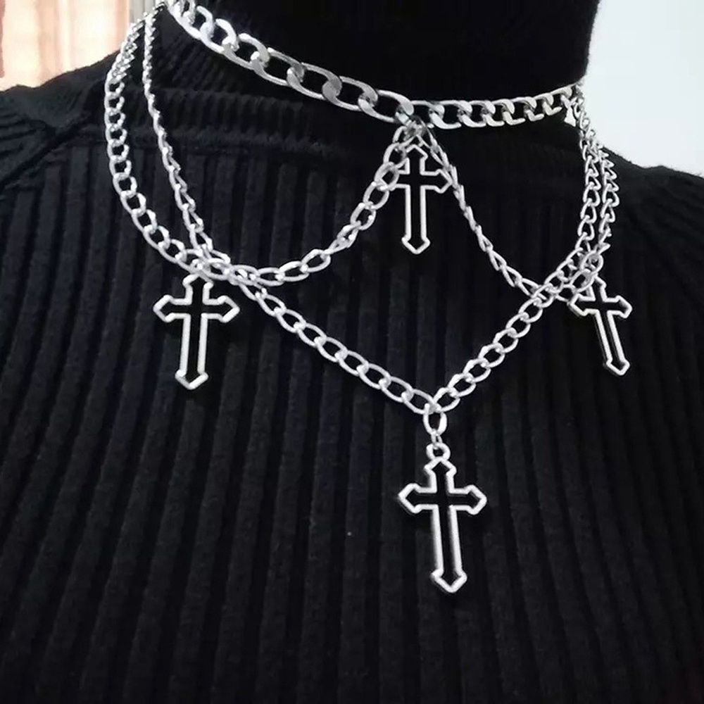 Kalung Choker Rantai Banyak Lapis Dengan Liontin Salib Bulan Gaya Punk Gothic Untuk Wanita