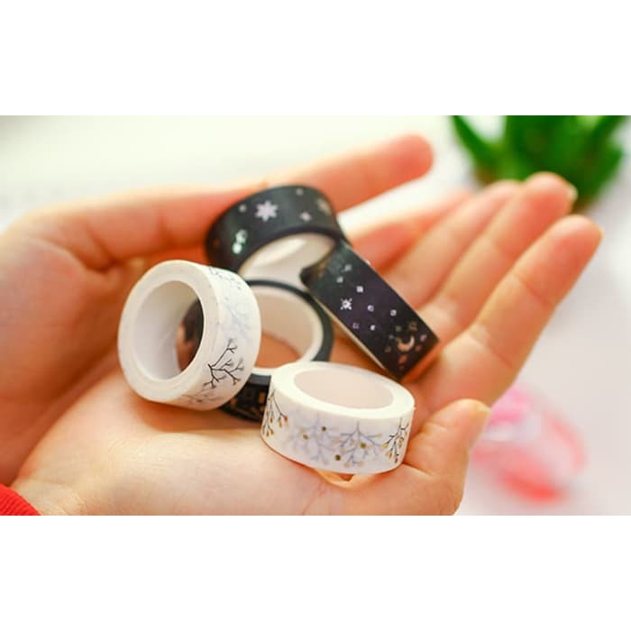 Japanese Washi Tape - Set Black White Gold and Silver Pattern