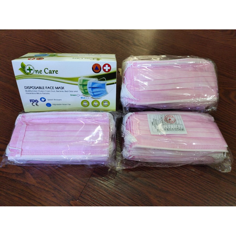 Masker Medis ONE CARE PINK 3 Ply EARLOOP Merah Muda Medical Grade BNPB KEMENKES 50pcs TERMURAH