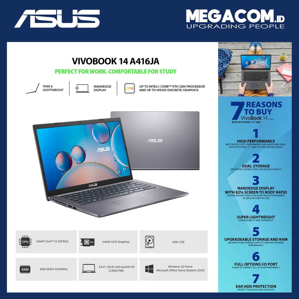 Asus A416JA-BV312TS Grey [i3-1005G1|RAM 4GB|HDD 1TB|Win10|OHS2019]
