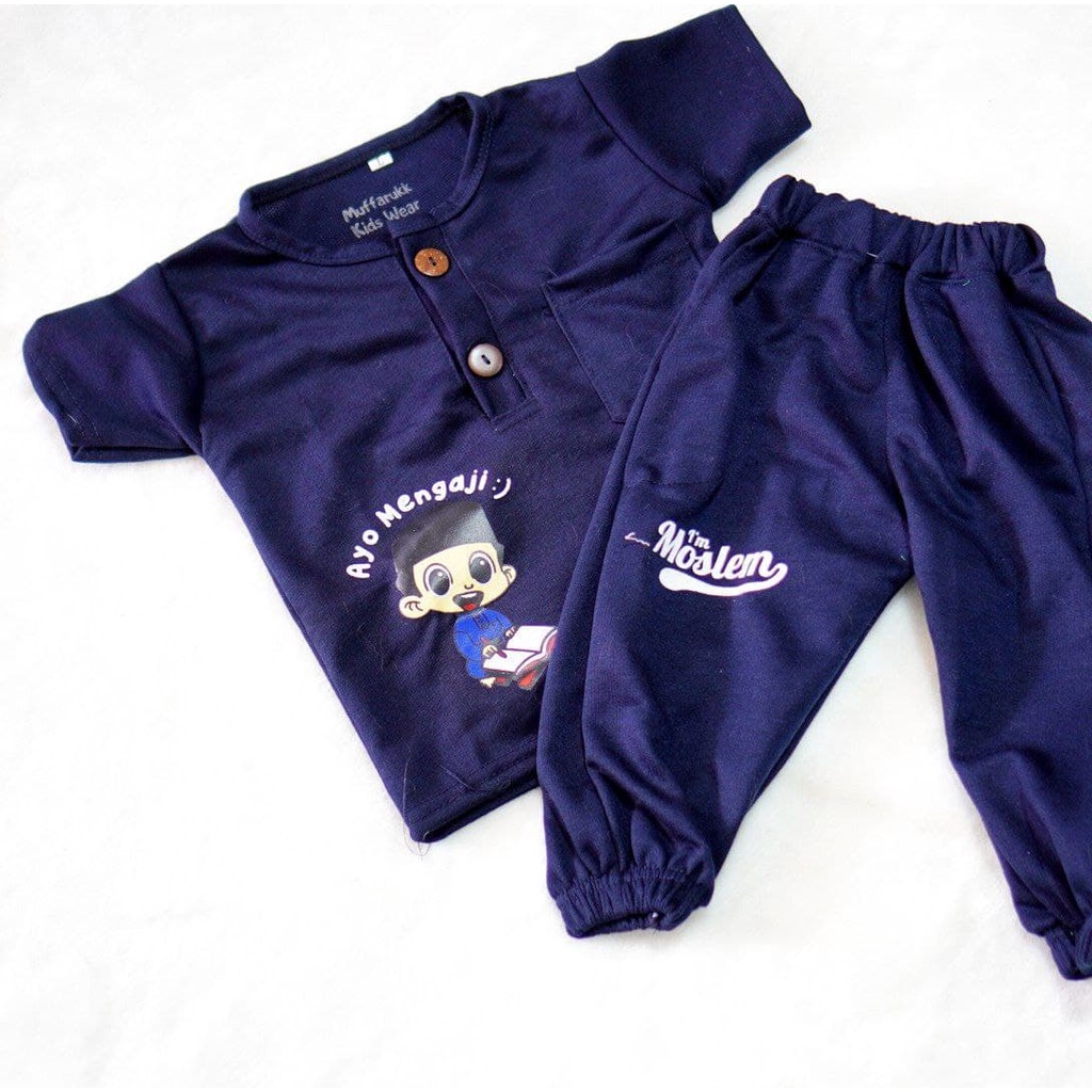 KIANO SET CELANA PANJANG AYO MENGAJI / BAJU ANAK SET UNISEX-KIANO PJG NAVY