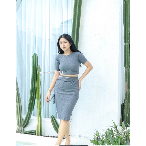 CLARA SET RIB top blouse dan skirt SET RIB ATASAN SABRINA ROK