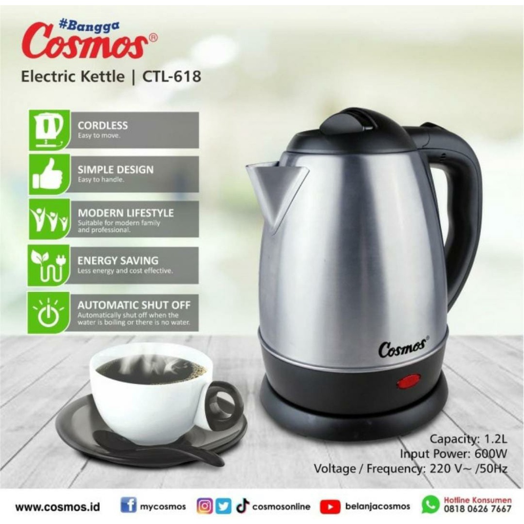 Teko Listrik Cosmos CTL 618 1,2 L Stainless Electric Kettle Cosmos 618 Teko Air Panas Teko Cosmos