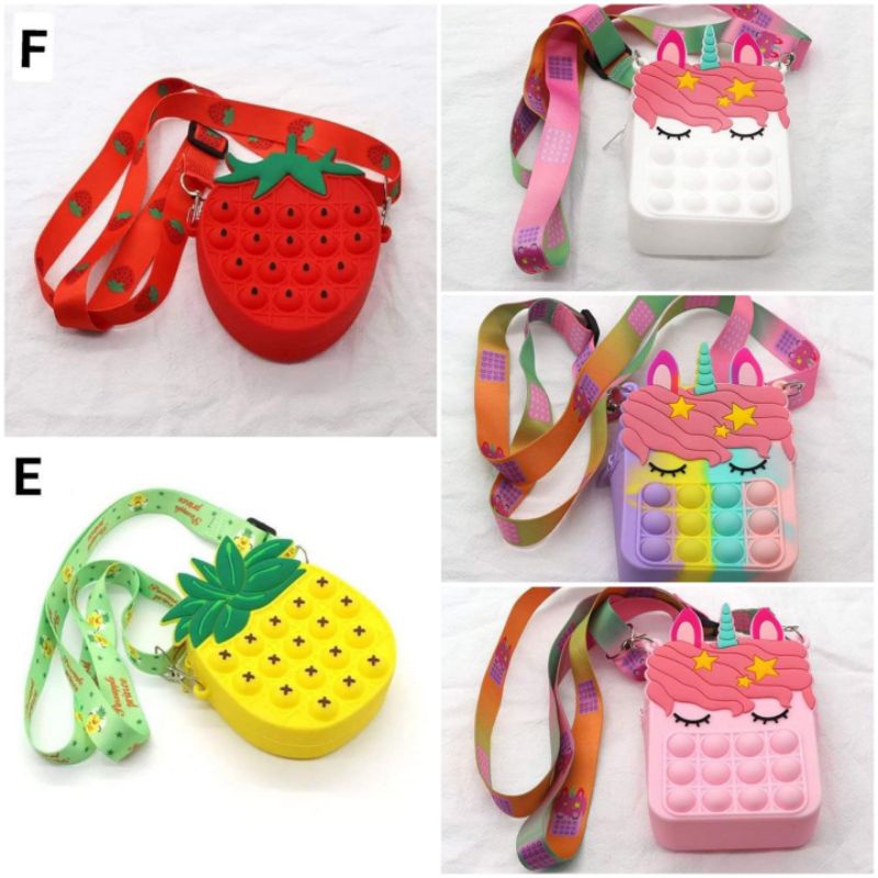 Sling Bag / Tas Slempang Pop It Anak Cewek Impor Unicorn, Strawberry