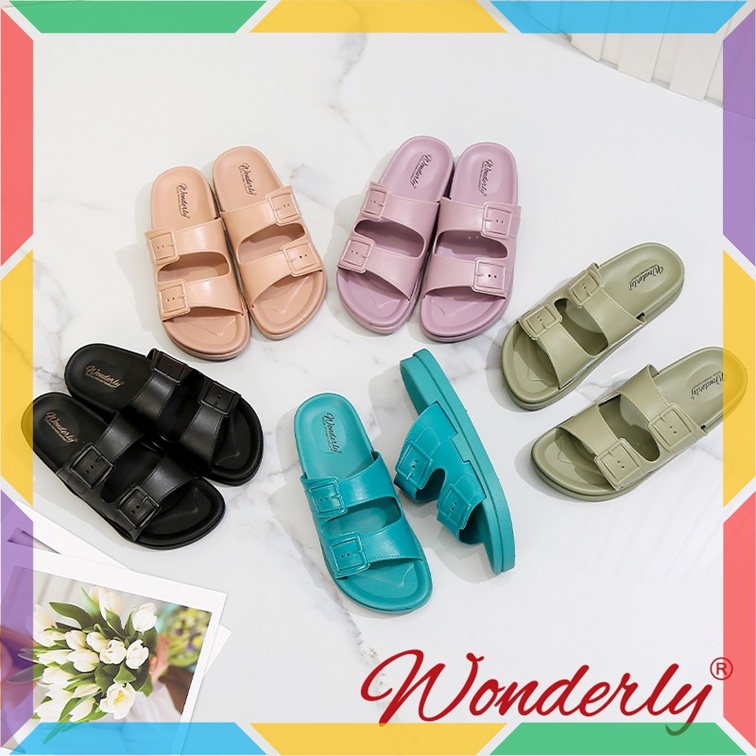 2062WL2 Sandal Selop Birken Wanita Wonderly Sendal Slop Gesper Cewek Ban 2 Karet Doff Glanzton