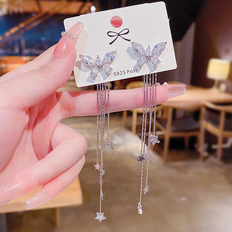 Anting S925 silver needle Model Rumbai Panjang Desain Kupu-Kupu Bintang Bahan Zirkon