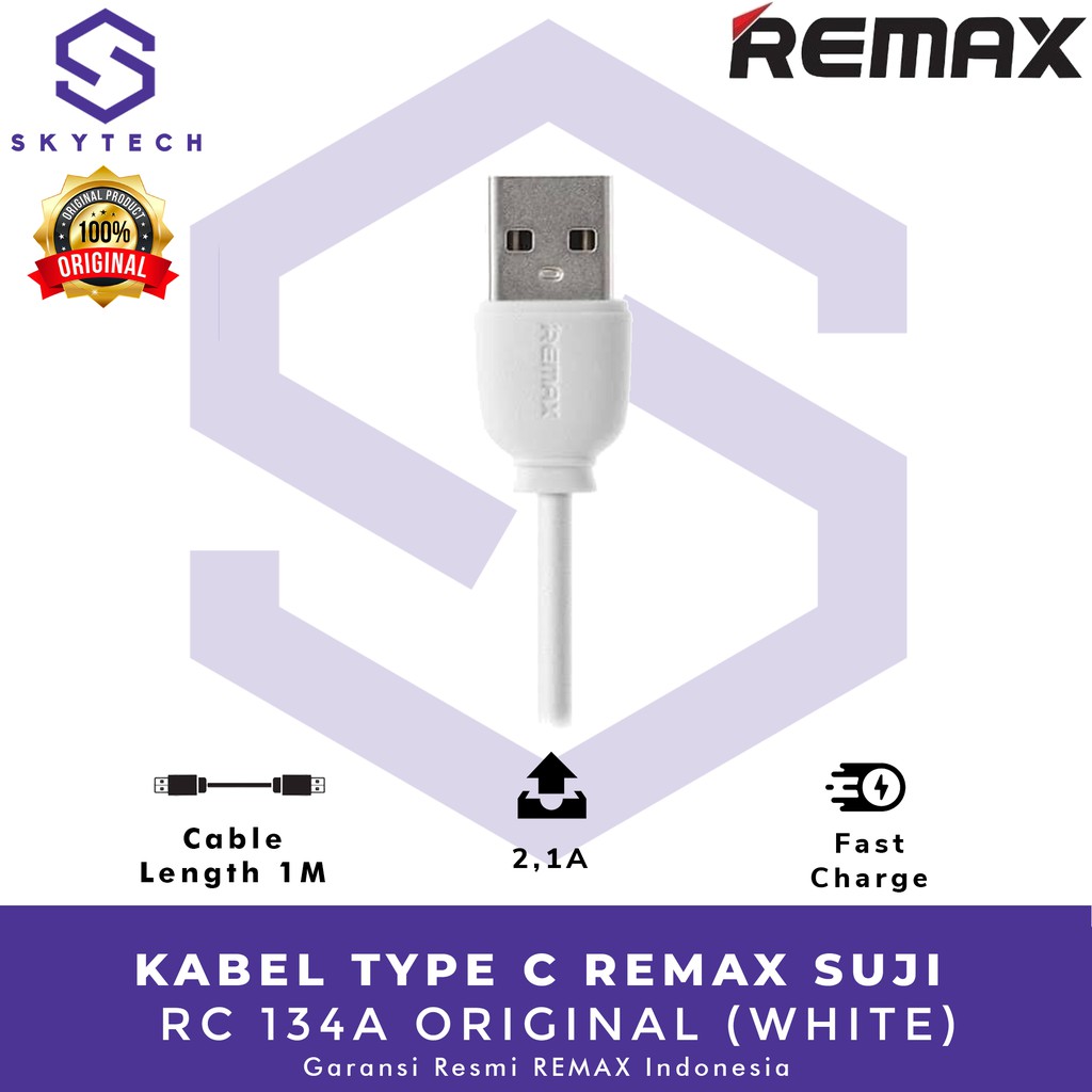 KABEL TYPE C REMAX FAST CHARGING SUJI 1M WHITE RC 134A ORIGINAL GARANSI RESMI