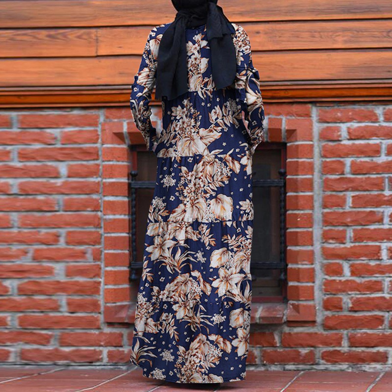 ZANZEA Women Long Sleeve Printed Vintage Back Zipper Muslim Maxi Dress