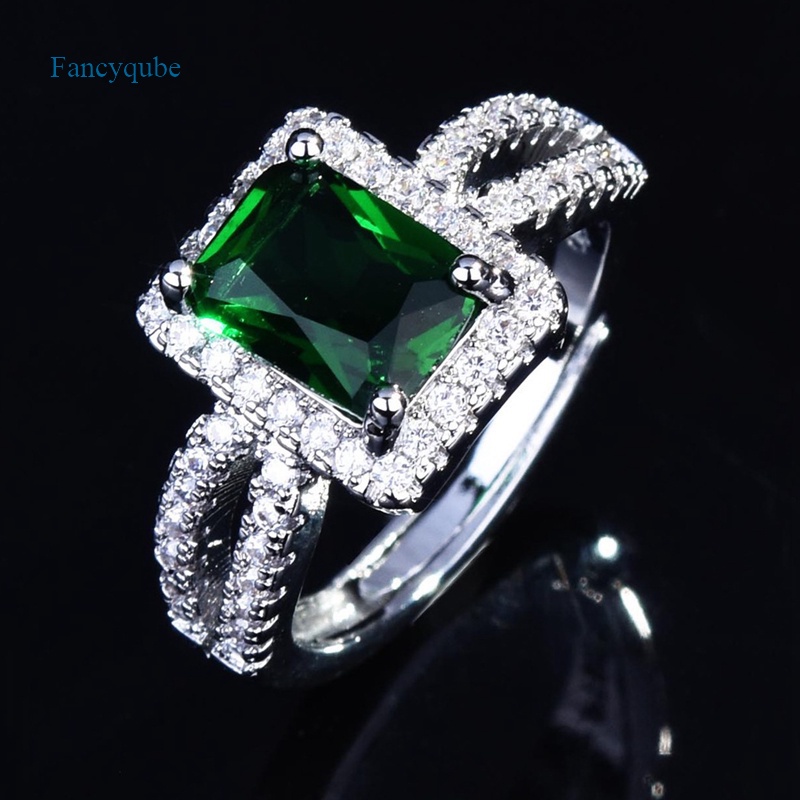 Fancyqube Cincin Silver 925 Bentuk Kotak Hias Batu Permata Zamrud Hijau Kristal Untuk Wanita