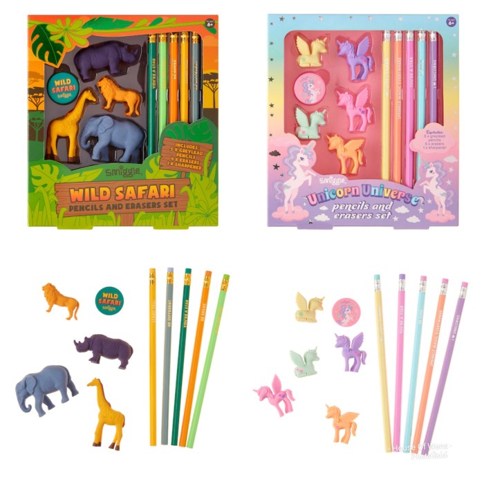 

tulis-alat-paket- smiggle safari unicorn pencils and erasers box set - paket alat tulis - animals