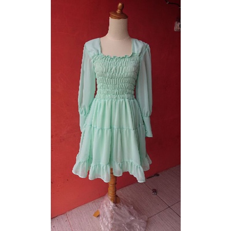 Mini Dress Korea Kerut Smock Lengan Panjang Balon bahan sifon ceruty polos kecil besar Jumbo