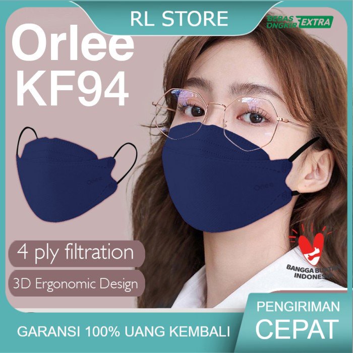 Masker KF94 KF 94 Orlee 4ply earloop Navy Biru Tua Embos isi 10