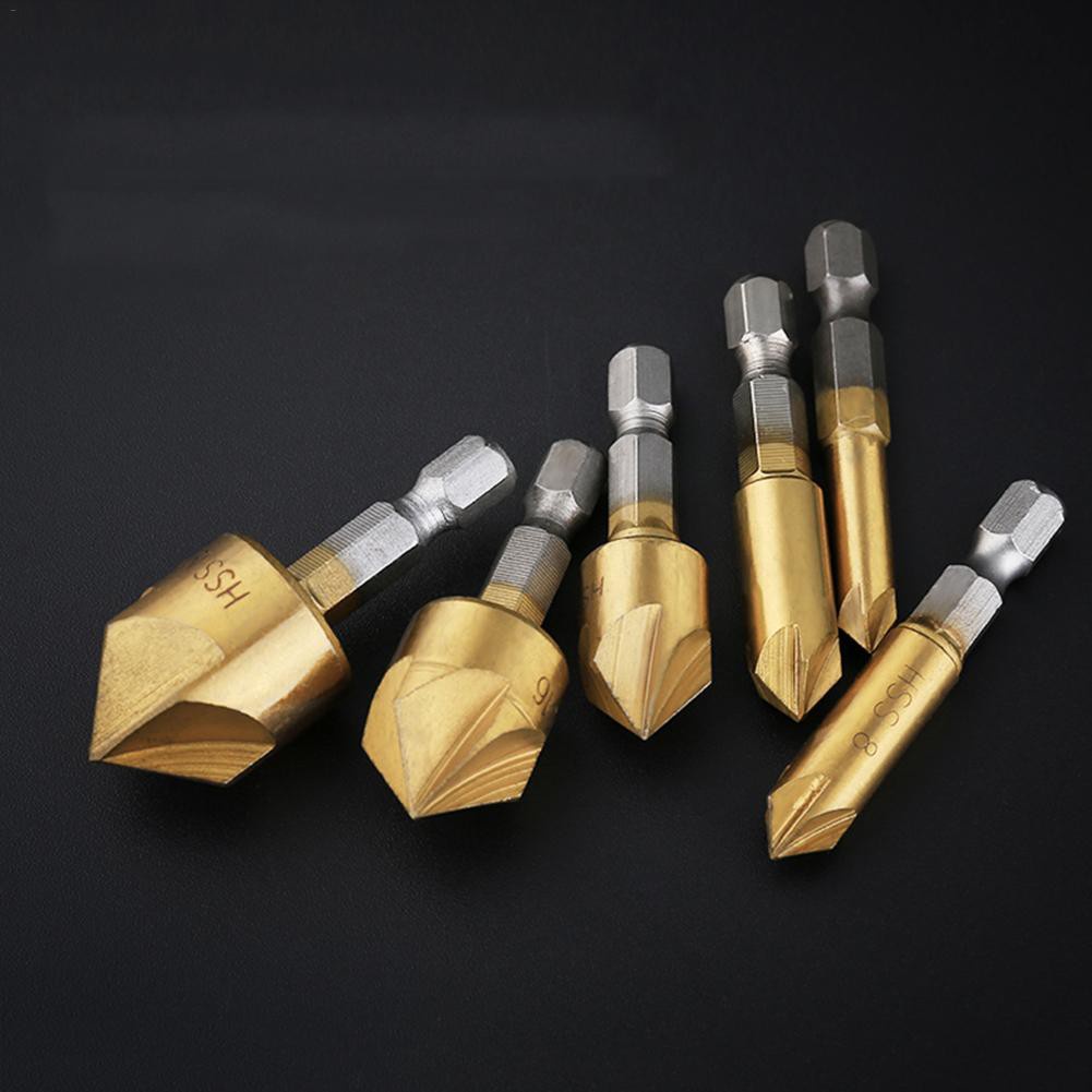 6pcs Chamfer Countersink Set Chamferring Tool Hexagonal Shank Titanium Coated Five Flutes Countersink Drill Bit