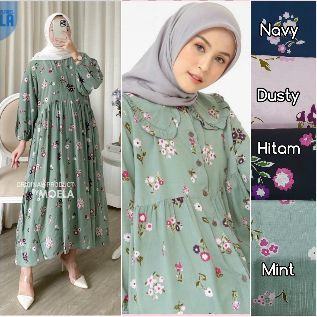 MIDI DRESS RAYON MOTIF BUNGA / Homey Dress Midi Kerah Renda Resleting Busui