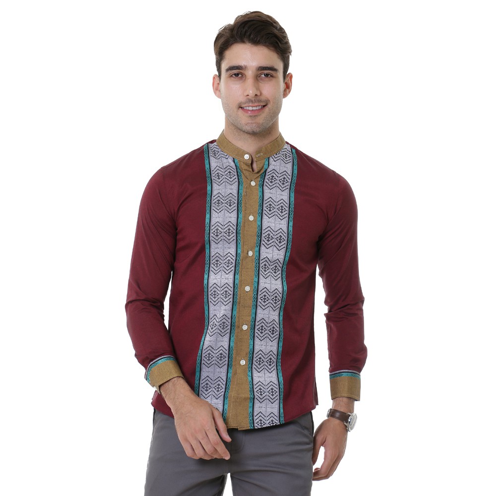 VM Baju Koko Lengan Panjang Kemeja Muslim Slimfit Merah Maroon