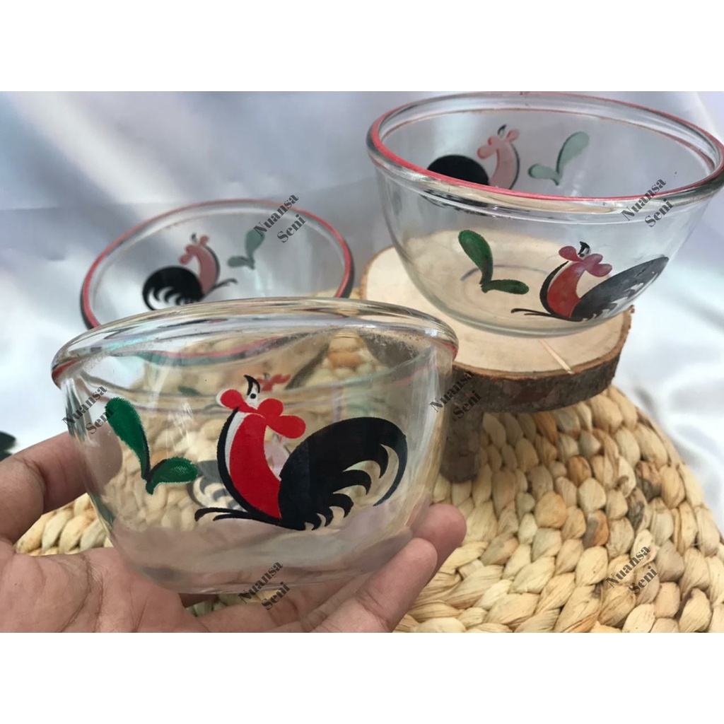 Souvenir Mangkok Kaca BIB5B Ayam Jago Mangkuk Saji Kaca Motif Ayam Mangkok Kobokan Beling Kukuruyuk