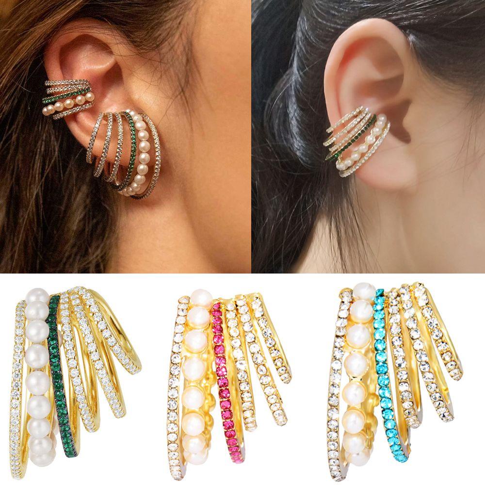 Suyo 1PC Mutiara Cuff Anting Wanita Berlian Imitasi Tanpa Tindik Berbentuk C