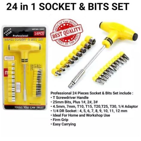 NEW OBENG T 24 PCS SOCKET DAN BIT SET -Kunci Sock T + Obeng T set 24 pcs 4 5 6 8 9 10 11 12 Gagang Karet