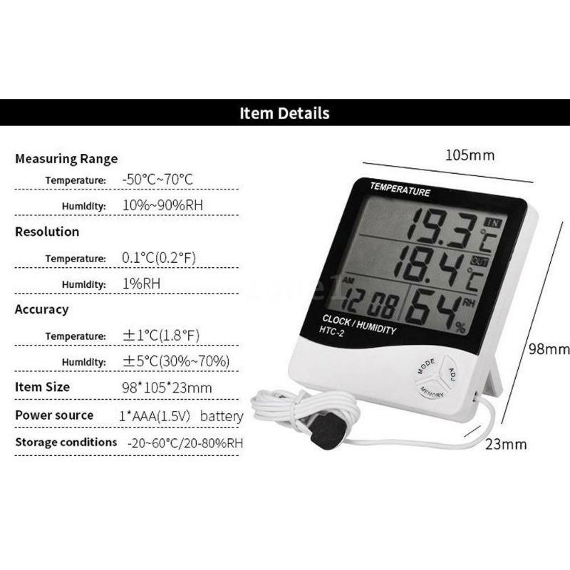 THERMOMETER HYGROMETER DIGITAL JAM TERMOMETER RUANG INDOOR HTC-2 3 BARIS