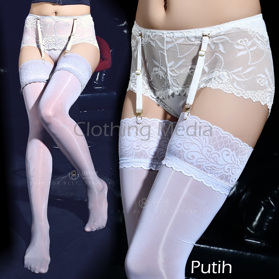 Lingerie Celana Dalam Stocking Glossy Renda Tali Garter Set Silky Stoking