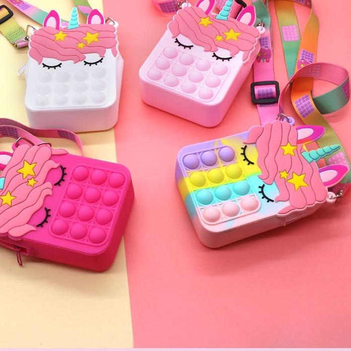Big Sale Tas Pop It Anak Motif Unicorn Gelembung Sensory Mainan Anak Size Kecil Tas Anak Rainbow Mac