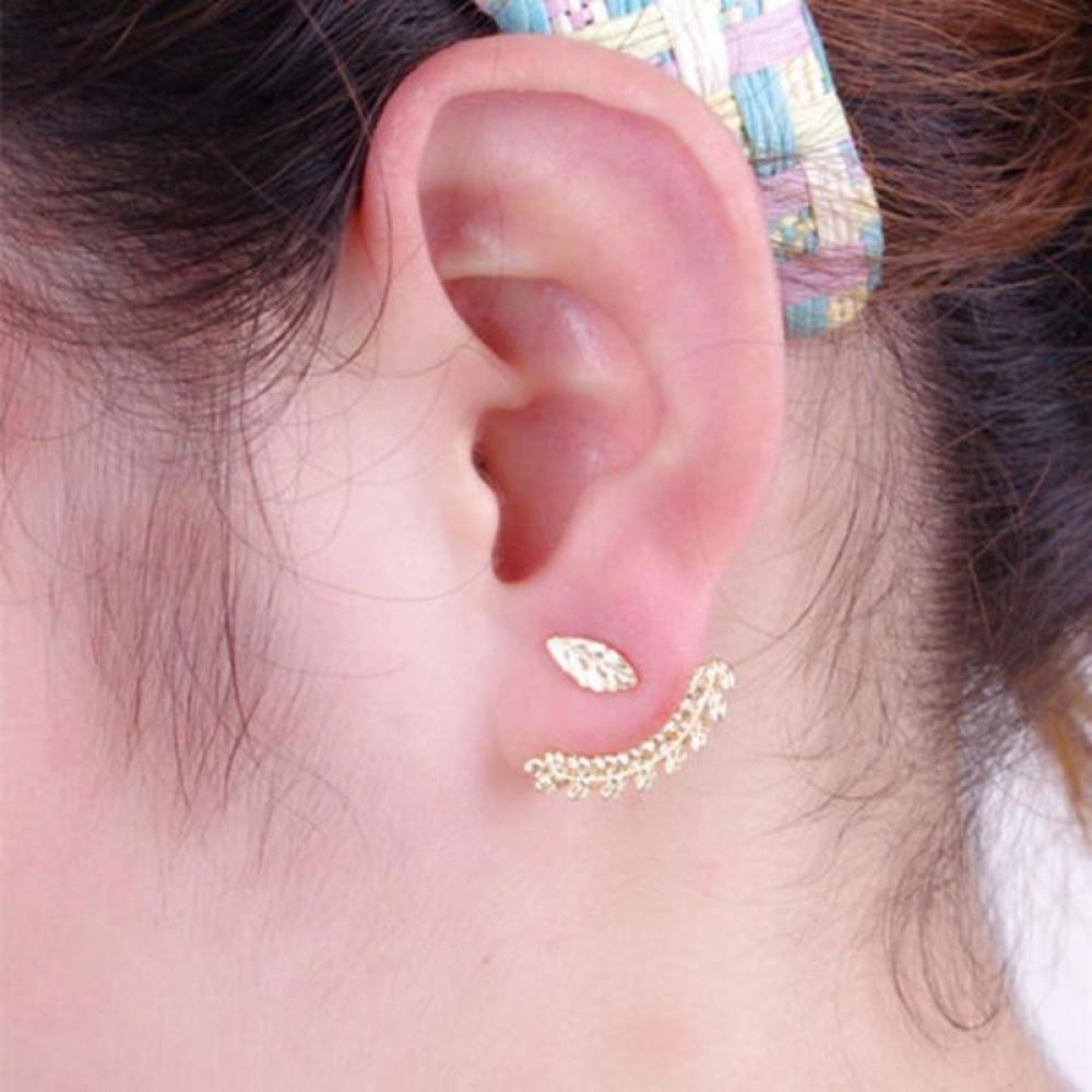 Timekey 1 Pasang Anting Tusuk Desain Daun Depan &amp; Belakang Warna Gold / Silver Untuk Wanita A6K6