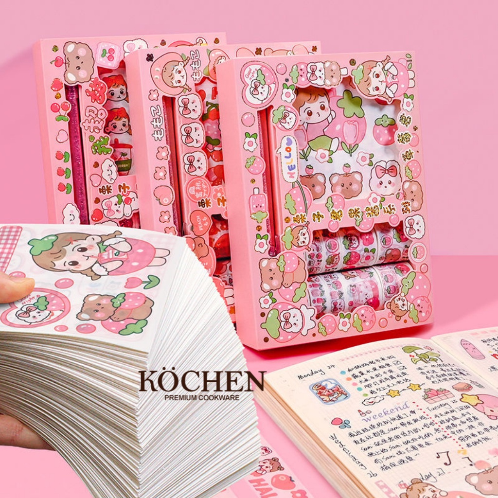 MYKOCHEN.INA Sticker Aesthetic Box SET 10+10+1 Washi Tape Knife Paper Cutting DIY Diary Stiker Decoration Kawaii Cute Estetik Tumblr Lucu Hiasan Buku Catatan Journaling Kertas Scrapbooking Planner Dekoratif Pack Hp Laptop Kartun Stationery Jurnal