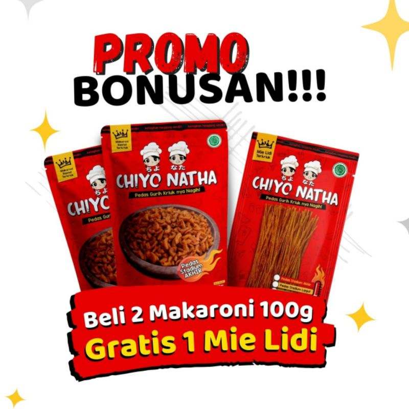 

Buy 2 makaroni 100 gram free mie lidi Chiyo natha pedas kriuk