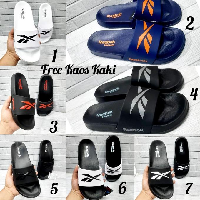 SANDAL REEBOK SLIP ON ORIGINAL SIZE 39 - 43 SANDAL PRIA PUTIH HITAM TERHEBOH